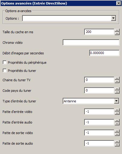Options avancées des entrées direct-show
